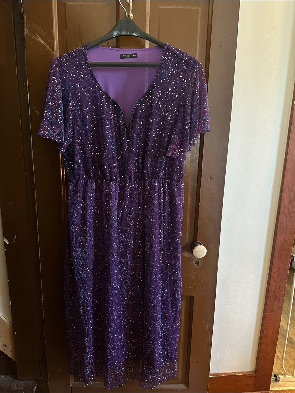 Glitter V-Neck Midi Dress in Deep Purple